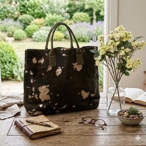 VTG Falor Italy Green Calf Hair Metallic Gold Splatter Cow Print Leather Tote